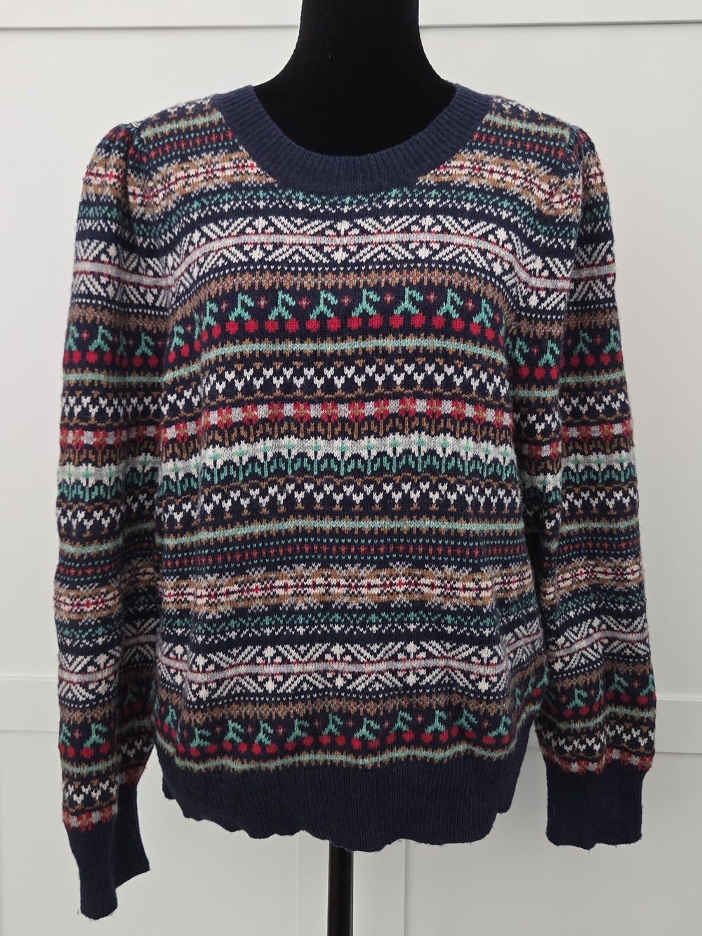 J. Crew Puff Sleeve Fair Isle Sweater Navy Colorful Cherries Wool Blend Large